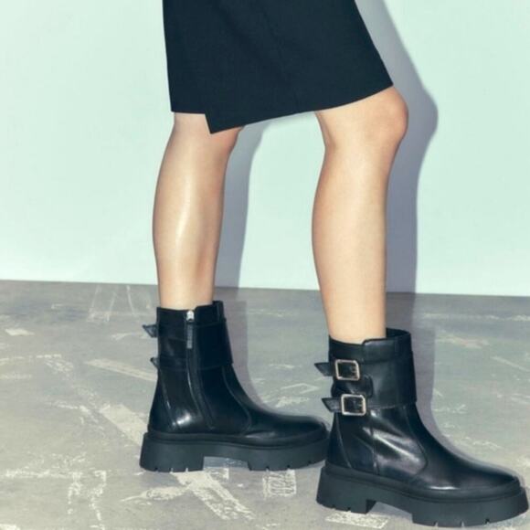 Zara Buckled Moto Goth Streetwear Lug SOLE Contemporary Boots Size 37 US 6.5 - Picture 1 of 16